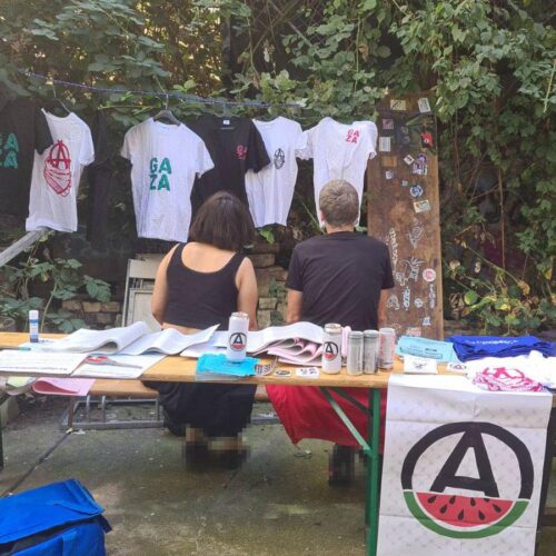 Fotos: Infostand von Anarchist:innen für Palästina beim Rigaer94-Stressfest