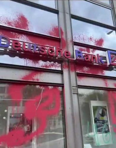 Action: Deutsche Bank locations targeted for complicity with illegal occupation of Palestine Territories
