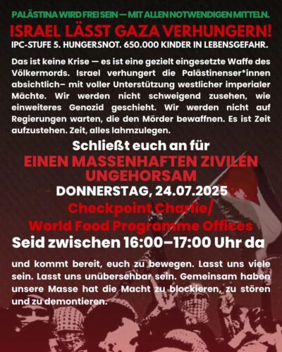 [2025/07/24] Israel lässt Gaza verhungern! Massenhafter ziviler Ungehorsam jetzt!