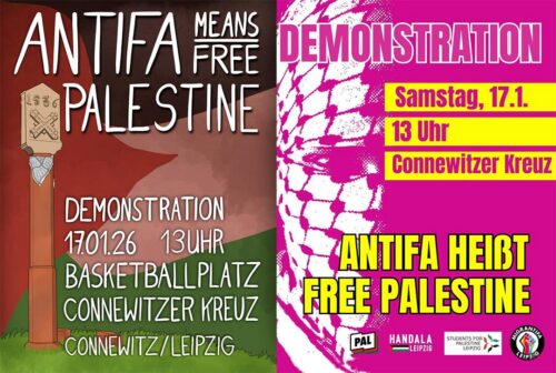 Mobi nach Leipzig: Alle zur Demo „Antifa means free Palestine" am 17.1.2026 in Connewitz!